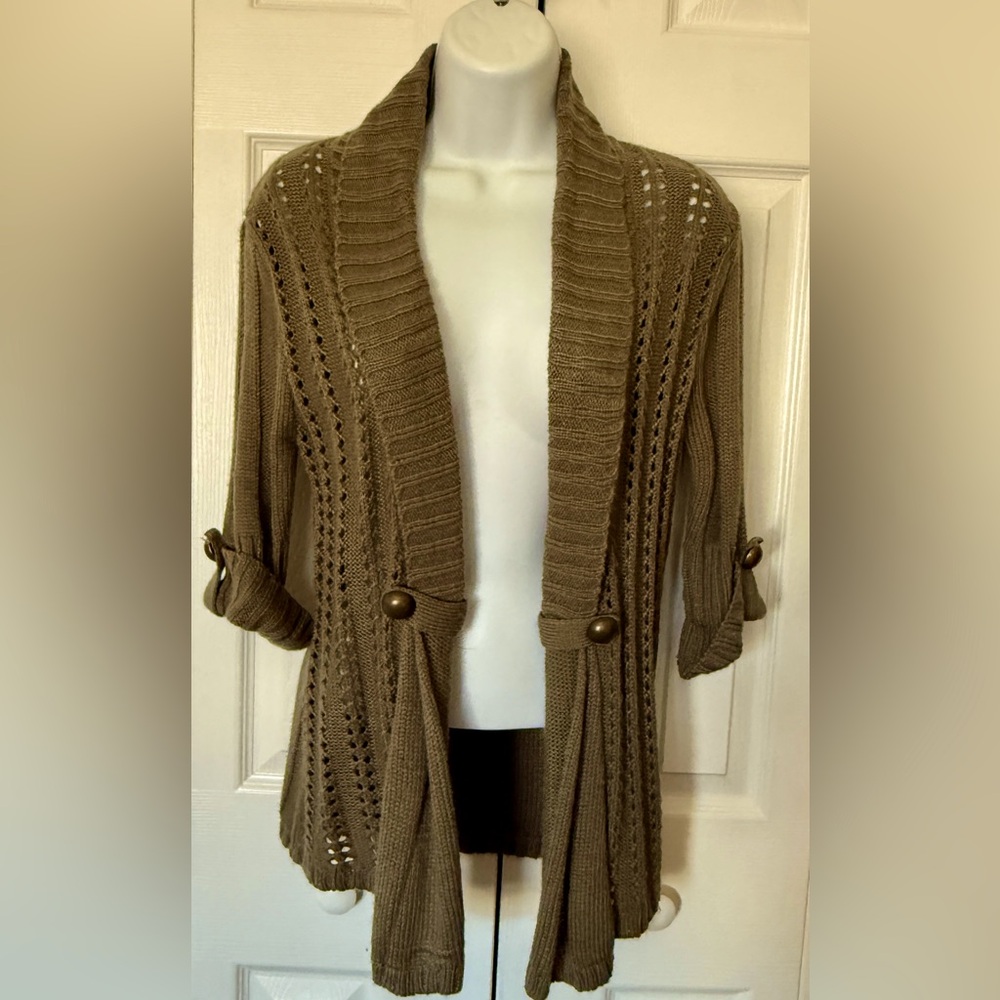 CARDIGAN SWEATER Woman’s Light Olive Green Open Front Work Casual XHILARATION